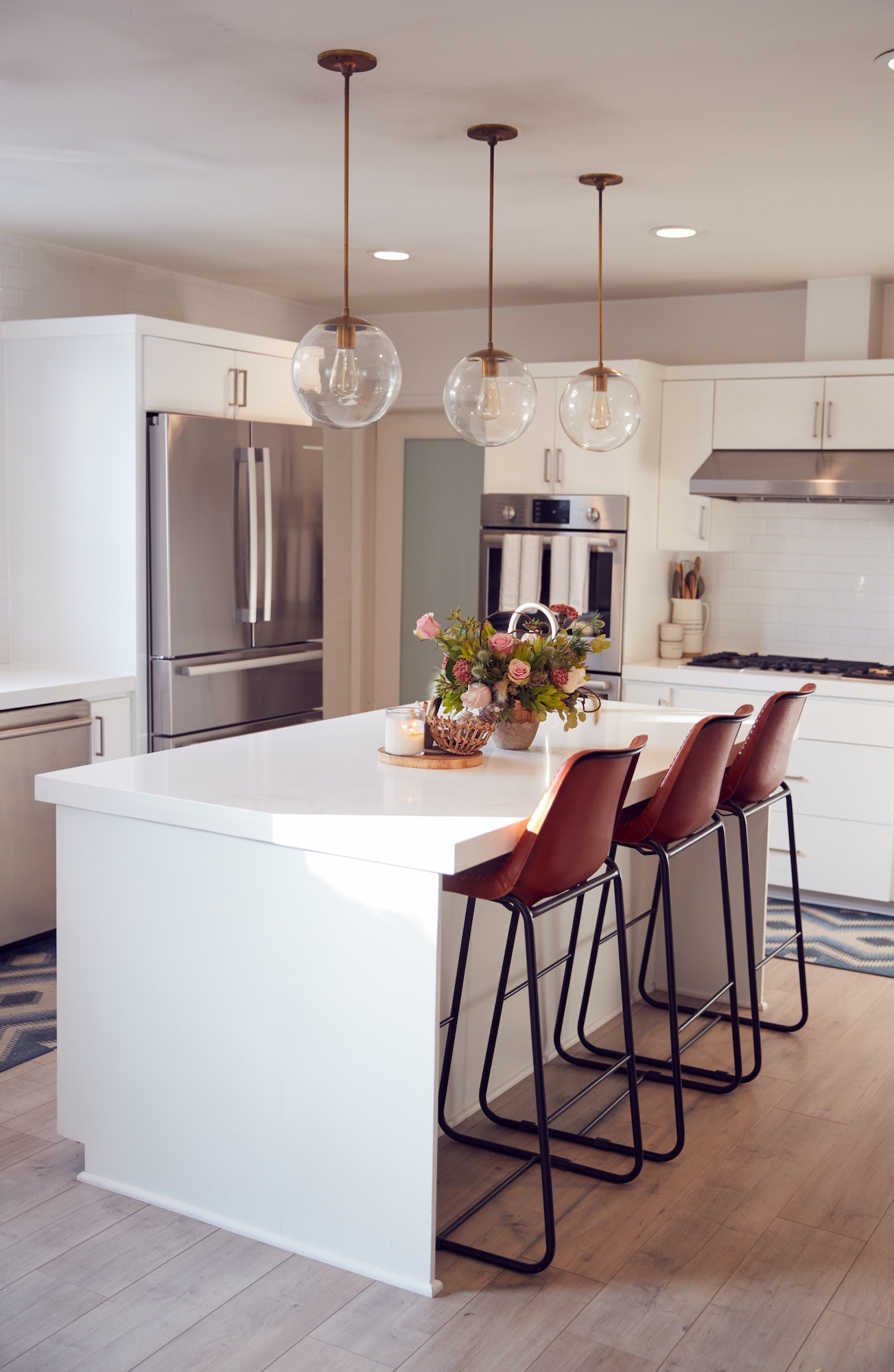 interior view of beautiful kitchen with island counter in new family house