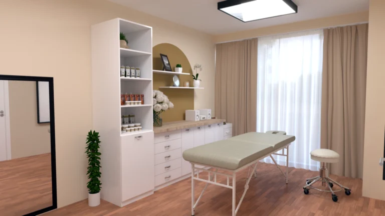 Цялостна визуализация на козметичната зала с мебели и кушетка