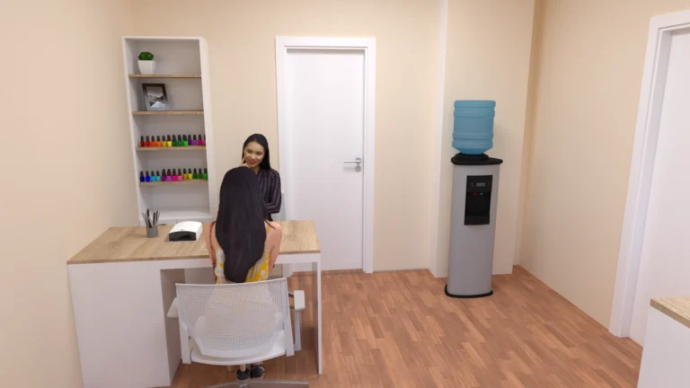 3D рендер на бюро за маникюр с плот дъб Сонома и етажерка за лакове