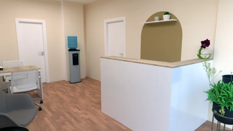 Интериорна визуализация на приемна зона с рецепция и бюро за маникюр
