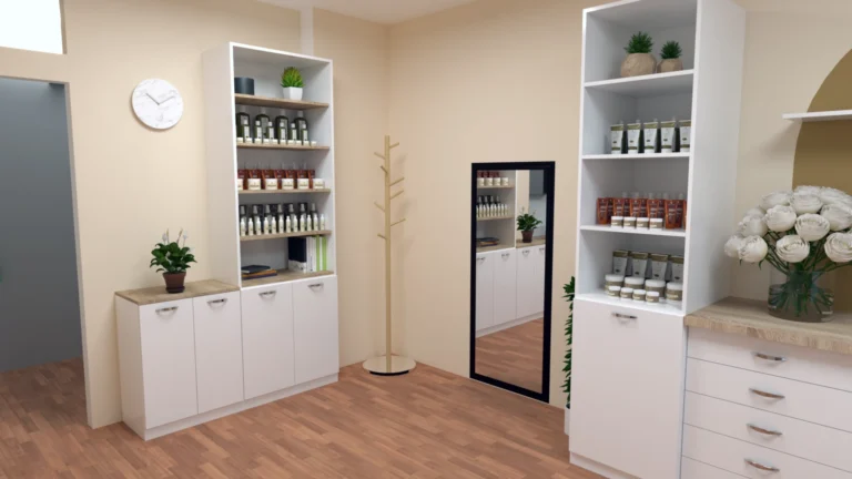 Визуализация на високи шкафове за съхранение и козметични продукти
