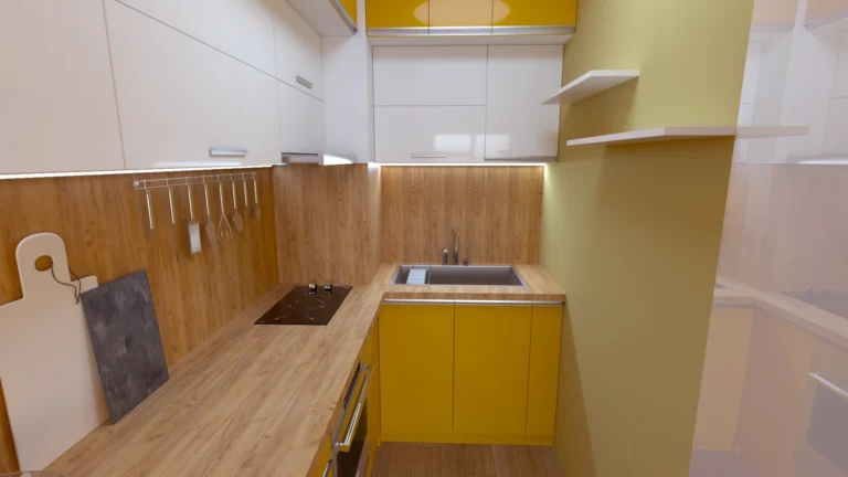 Рендер на компактна кухня с мивка и плот в Каменен дъб, бели и жълти гланцови шкафове
