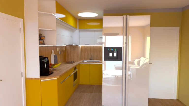 Проектно изображение на Г-образна кухня по поръчка Пловдив с жълти шкафове и хладилник