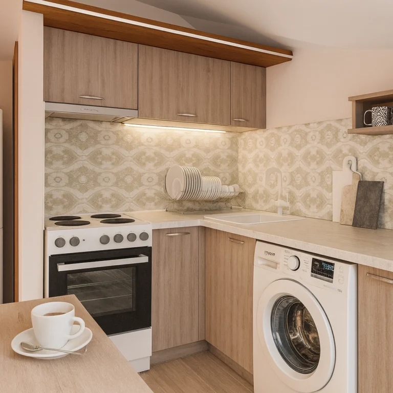 Рендер на мини кухня с чаша кафе и светла атмосфера