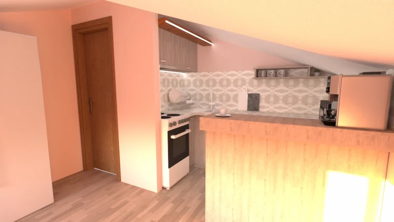 Рендер на кухня под скосен таван с бар и светли дървесни тонове