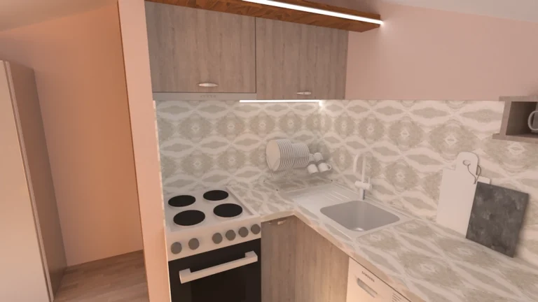 3D изглед на зона с печка, мивка и горен шкаф