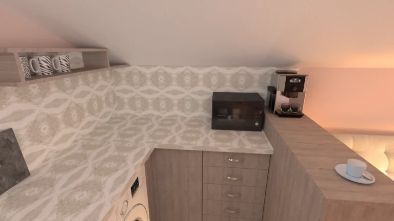 Проектно изображение на десния ъгъл на кухня в мансарда с пералня и кафе машина