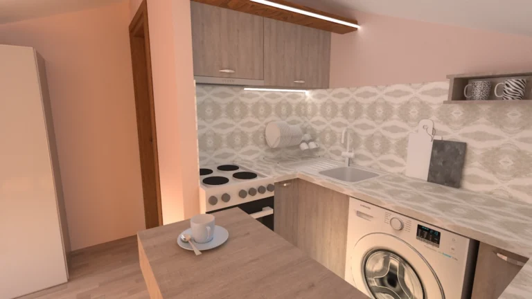 Визуално представяне на бар плота и кухненската зона