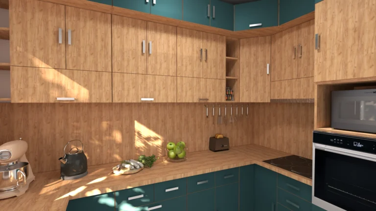 Рендер на П-образна кухня с колонен шкаф и дълъг плот в дъб и зелено.