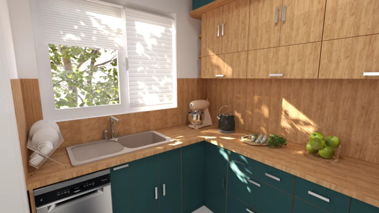 Графично представяне на ляв ъгъл с мивка под прозореца и зелени панели.