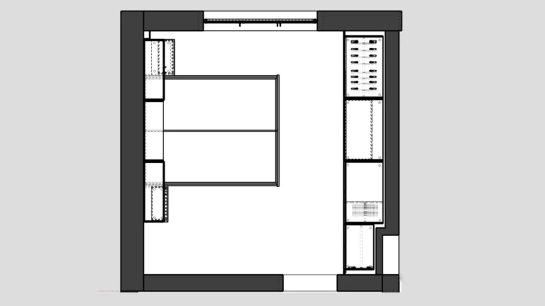 Разпределение на спалня по поръчка с легло, гардероб и зона за бебе