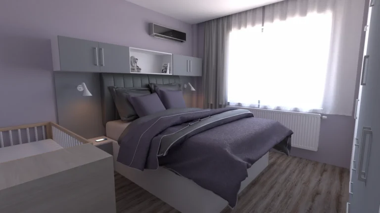 Спалня по поръчка с тапицирана табла в сиво и надстройка в бяло и сиво