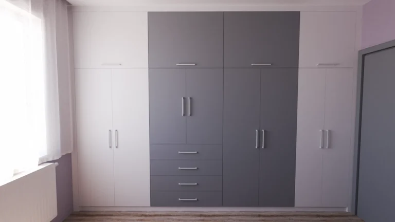 Гардероб с TV ниша и симетрично разпределение в бяло и интензивно сиво