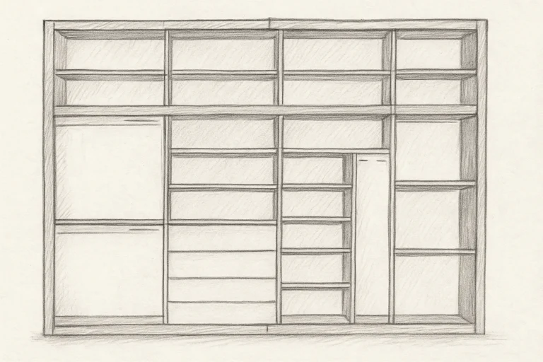 Скица на гардероб с TV ниша и рафтове по идея на клиента