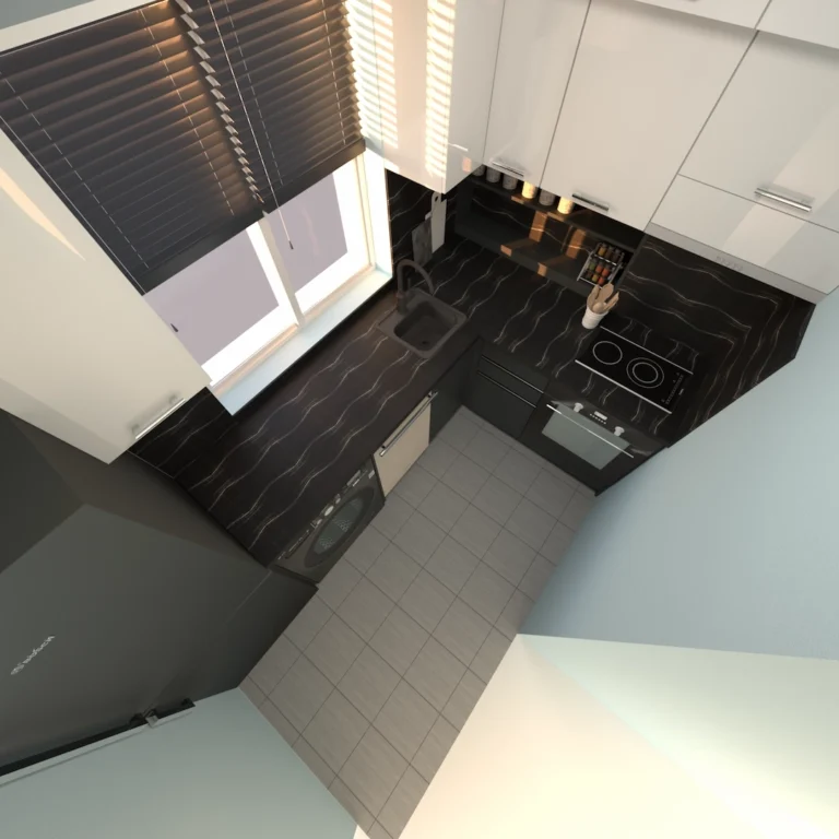 Кухня по поръчка с голям потенциал – поглед отгоре към функционално L-образно разпределение.