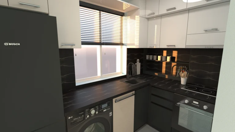 Малка функционална кухня, в която всички уреди – хладилник, пералня, съдомиялна и фурна – са подредени в ниша.