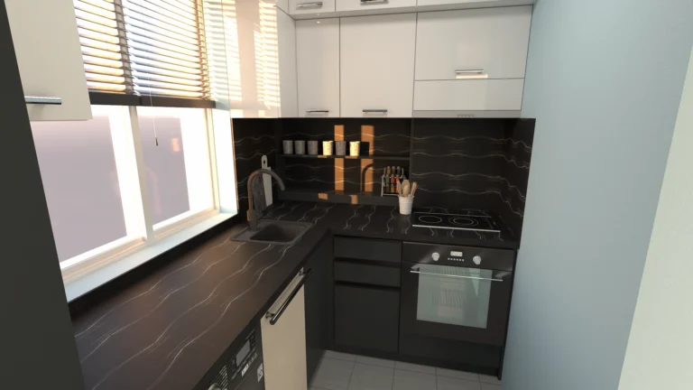 Късата стена с фурната и откритата ниша за подправки и чаши.