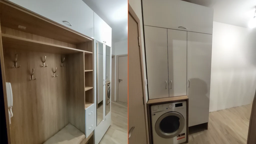 Комбиниран изглед на антрето и шкафа за пералня в бял гланц и дъб Сонома