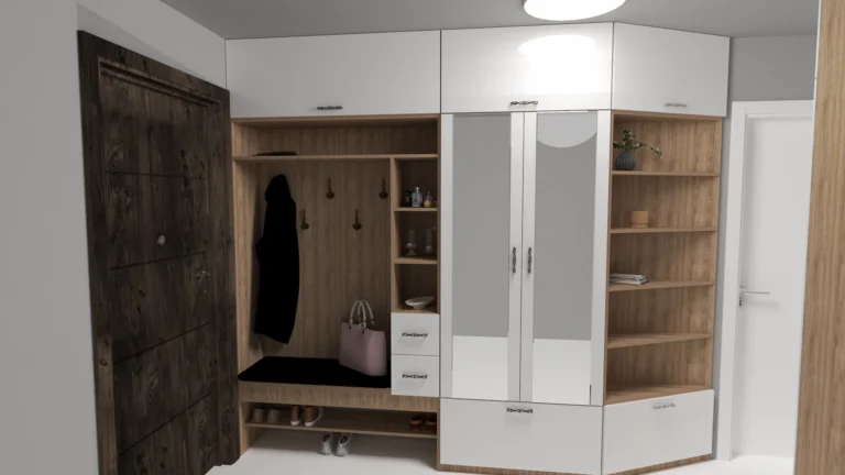 Рендер на антре по поръчка с пейка, гардероб и огледални врати в бял гланц и дъб Сонома