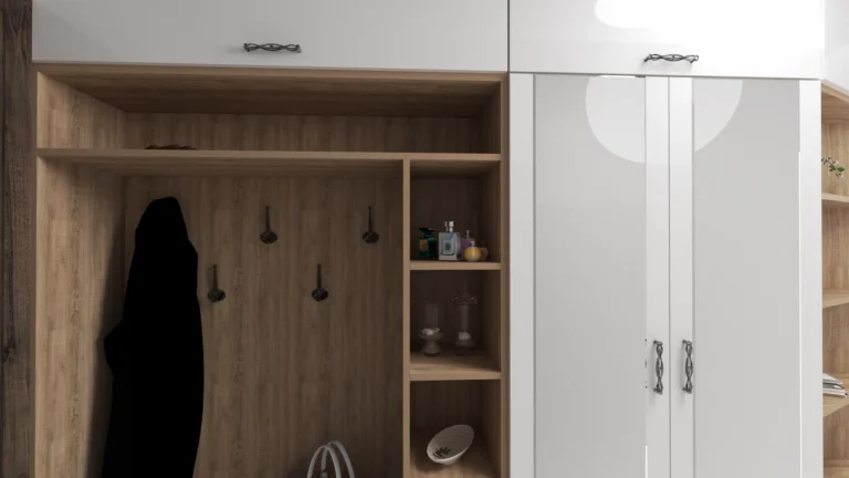 Детайл на пейка и дървесен гръб със закачалки и отворени рафтове