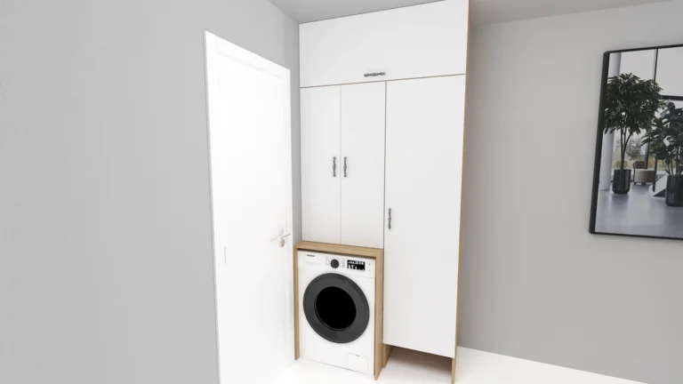 Визуализация на шкаф за пералня в бял гланц и дъб Сонома