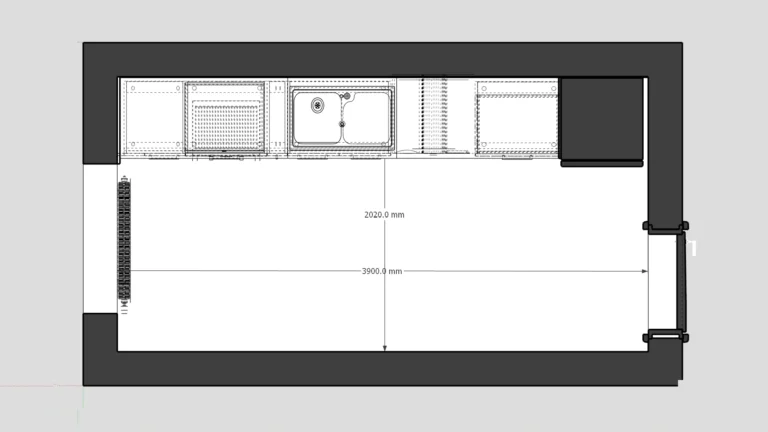 План на помещението с разположението на цялата линейна кухня по дългата стена.