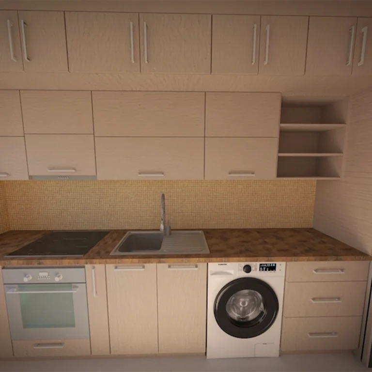 Бежова кухня с плот Ел Греко и мивка — централен кадър