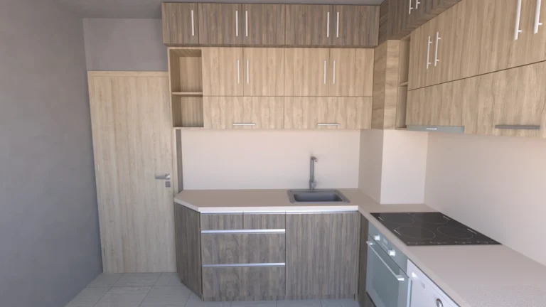 Кухня по поръчка в Пловдив – Г-образно разпределение с ъглов шкаф и дървесен декор в два нюанса Златен и Опушен бряст.