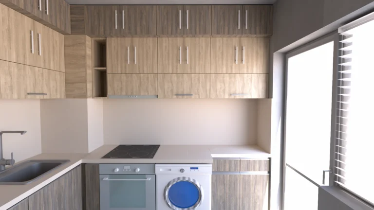 Кухня в дървесен декор с плот и гръб в нюанс Шампейн и LED осветление.