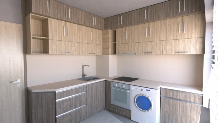 Пълна визия на L-образната кухня – хармония между Златен и Опушен бряст.